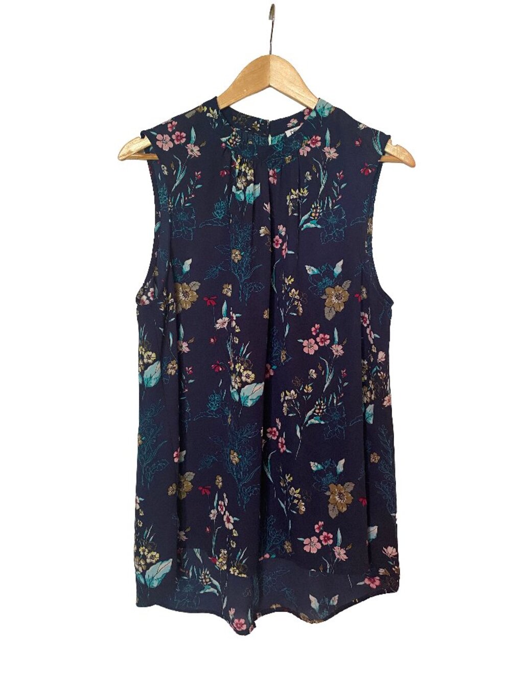 DR2 - Women's Navy and Floral Sleeveless Blouse With Pleated Neck - Size XL